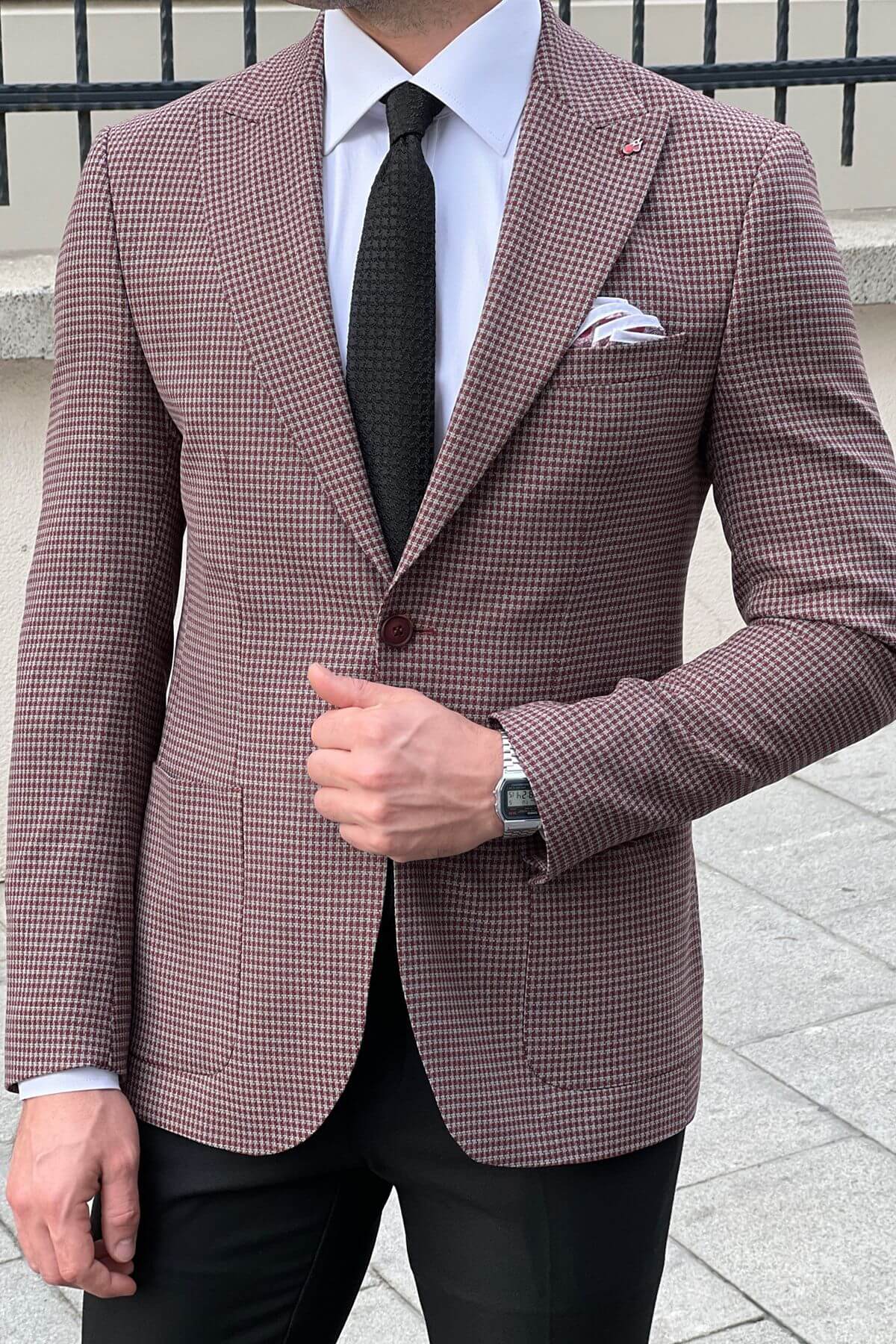 Burgundy slim fit micro-check wool-blend blazer product image 1