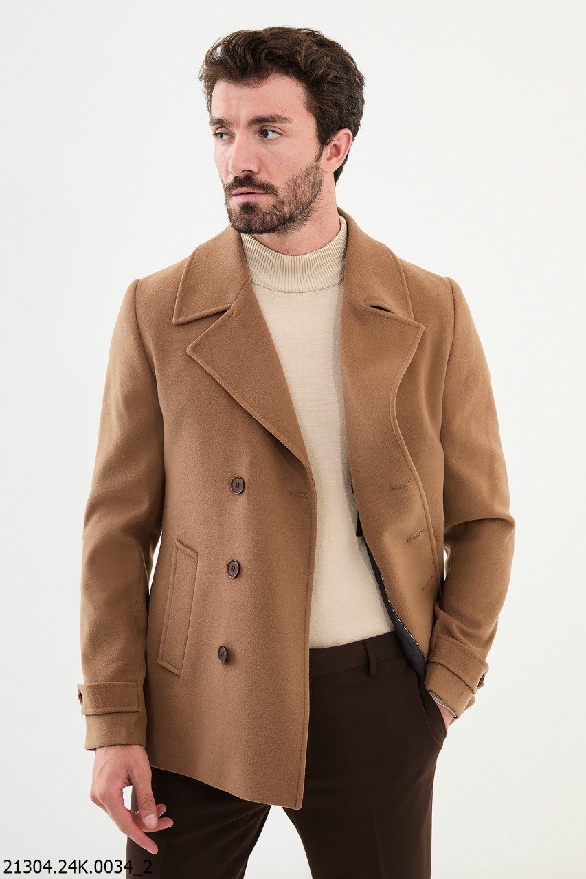Camel - Colored Double - Breasted Pea Coat - SUITHARBOR