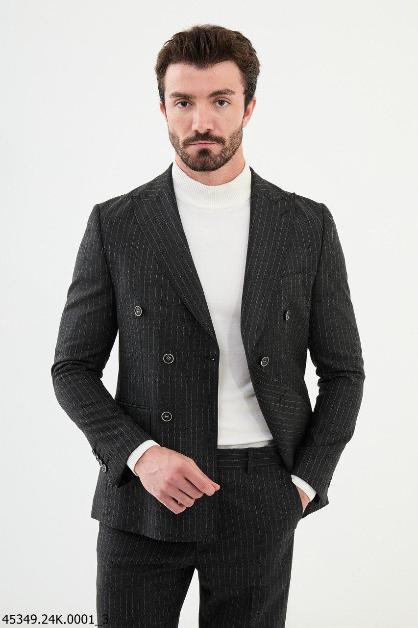 Charcoal Pinstripe Double - Breasted Executive Suit - SUITHARBOR
