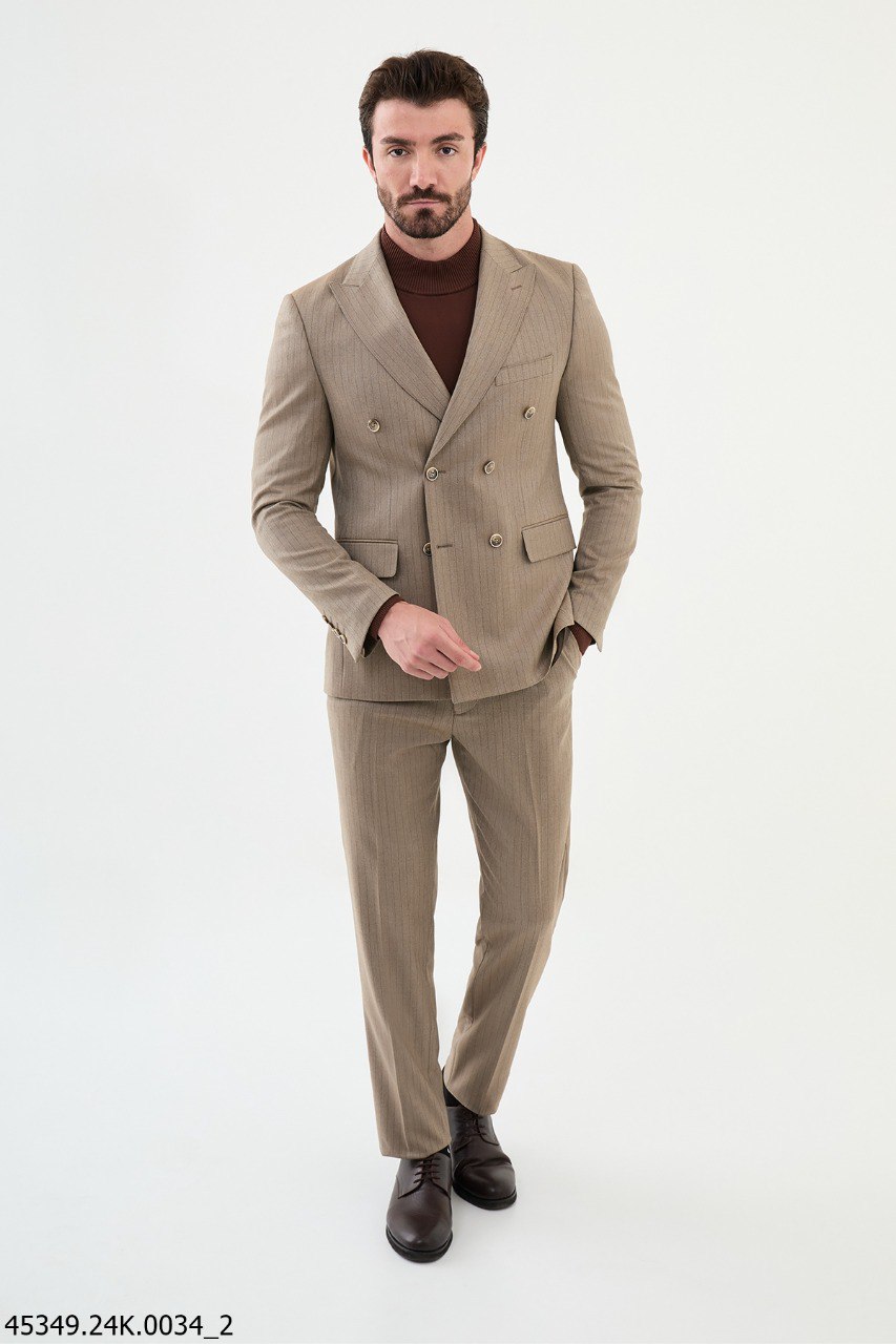 Desert Sand Pinstripe Double - Breasted Suit - SUITHARBOR