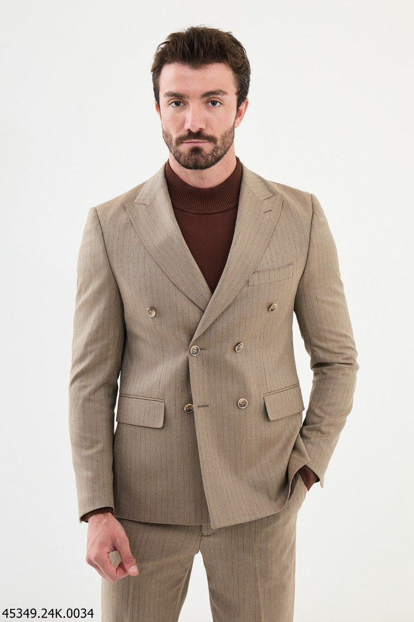 Desert Sand Pinstripe Double - Breasted Suit - SUITHARBOR