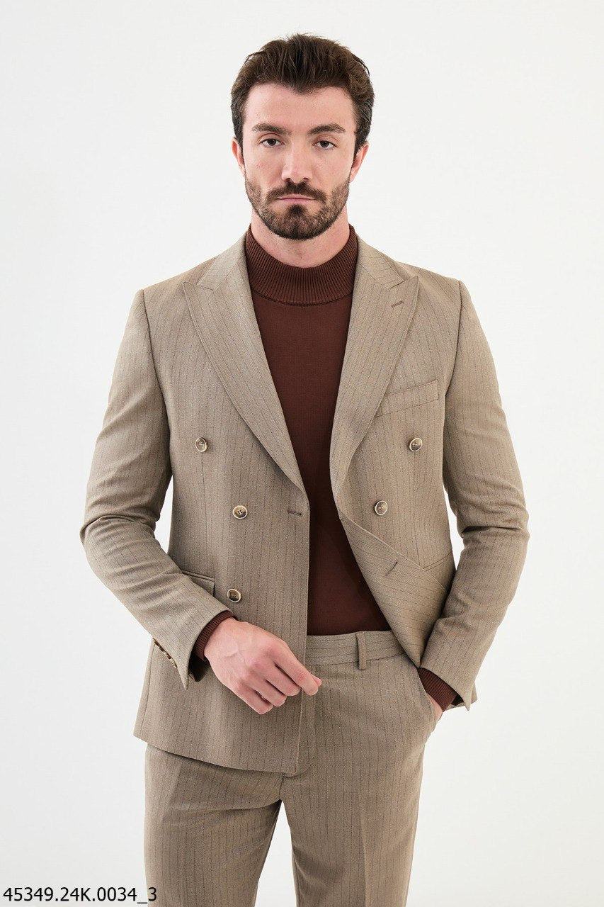 Desert Sand Pinstripe Double - Breasted Suit - SUITHARBOR