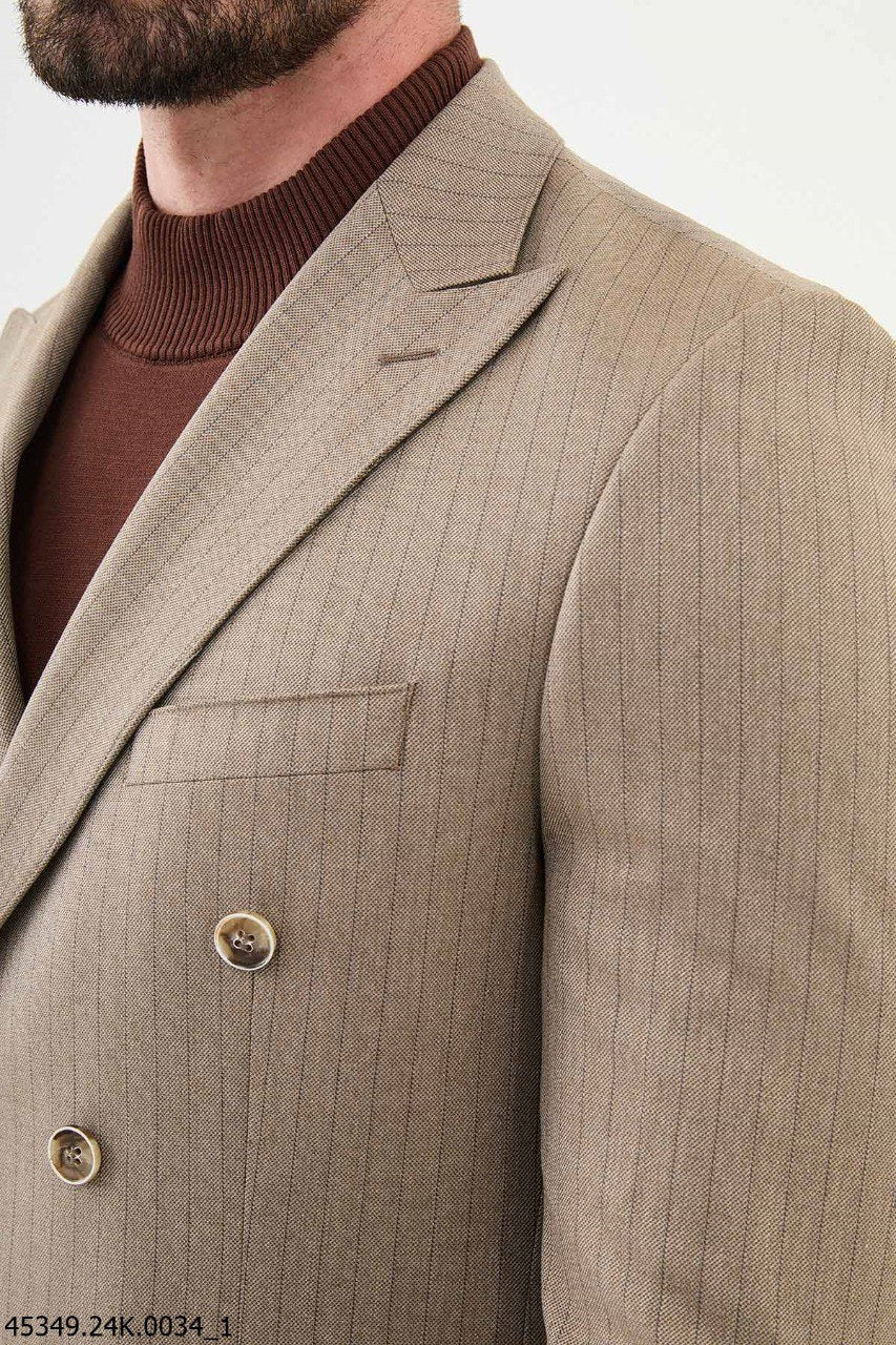 Desert Sand Pinstripe Double - Breasted Suit - SUITHARBOR