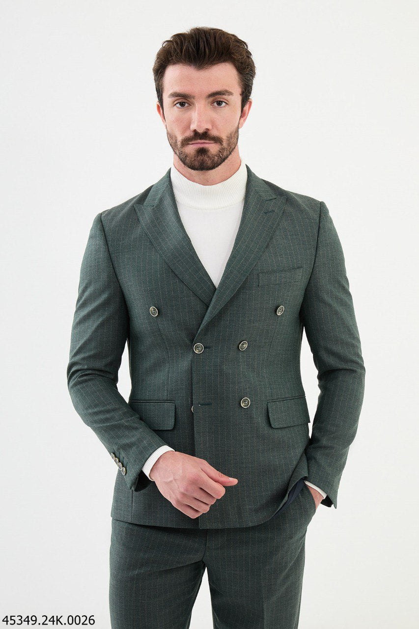 Emerald Pinstripe Double - Breasted Men's Suit - SUITHARBOR