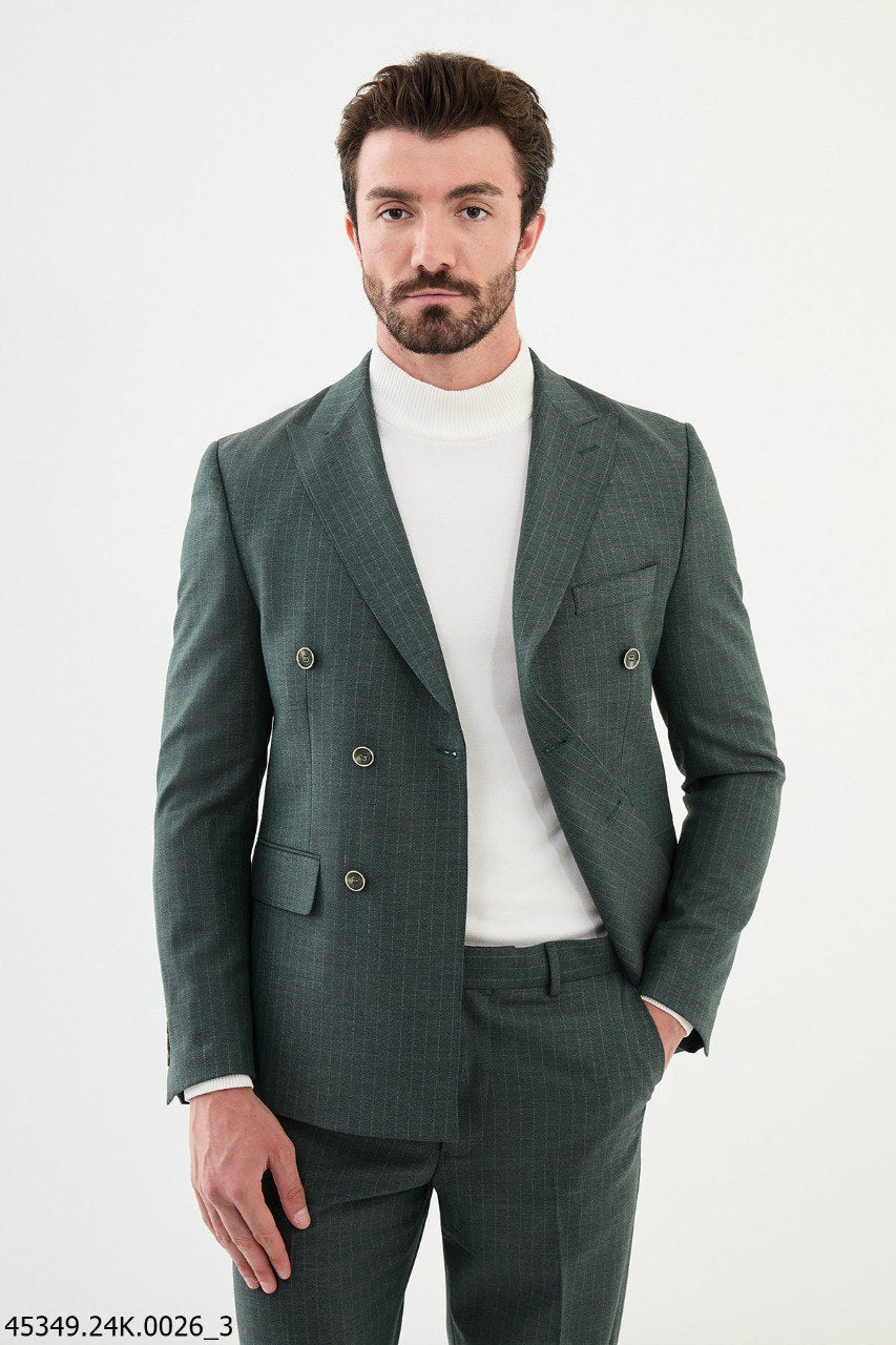 Emerald Pinstripe Double - Breasted Men's Suit - SUITHARBOR