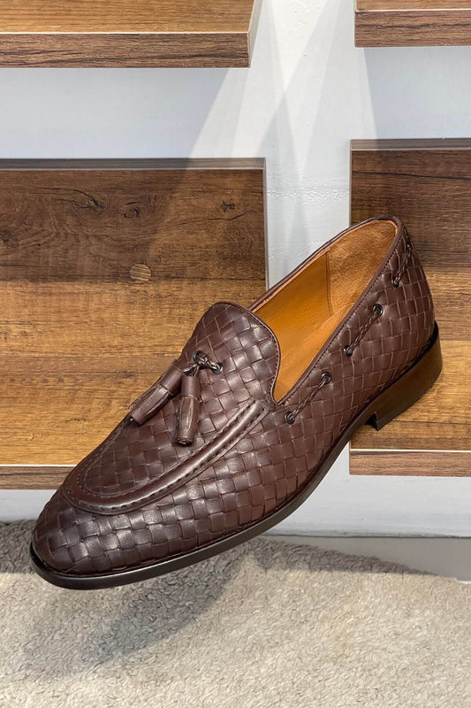 Handcrafted Woven Leather Tasseled Loafers in Brown - SUITHARBOR