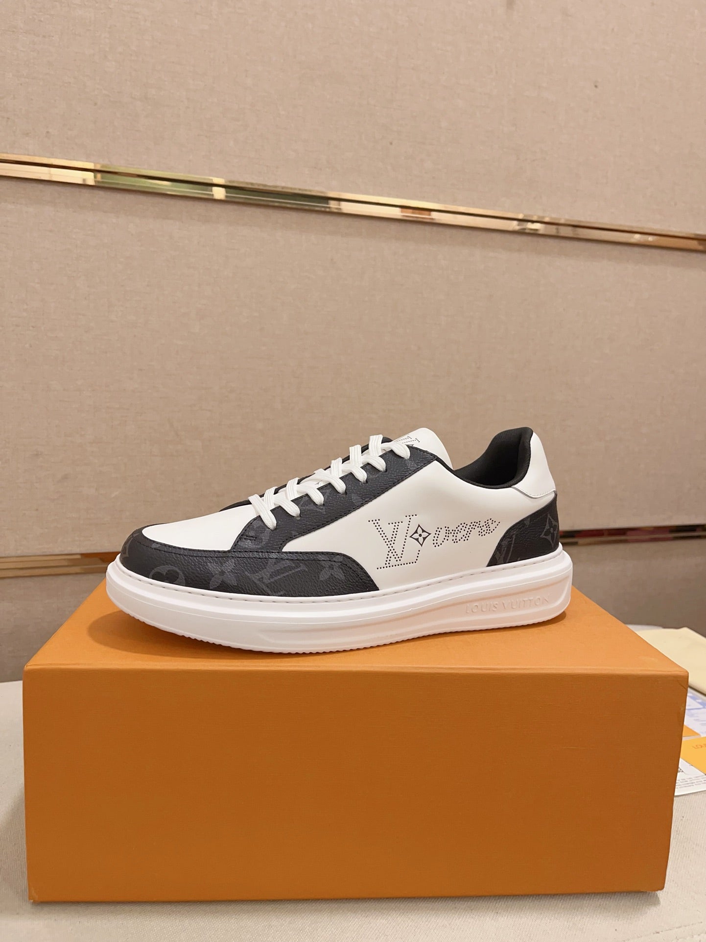 Louis Vuitton LVovers black and white Monogram low-top sneakers side view