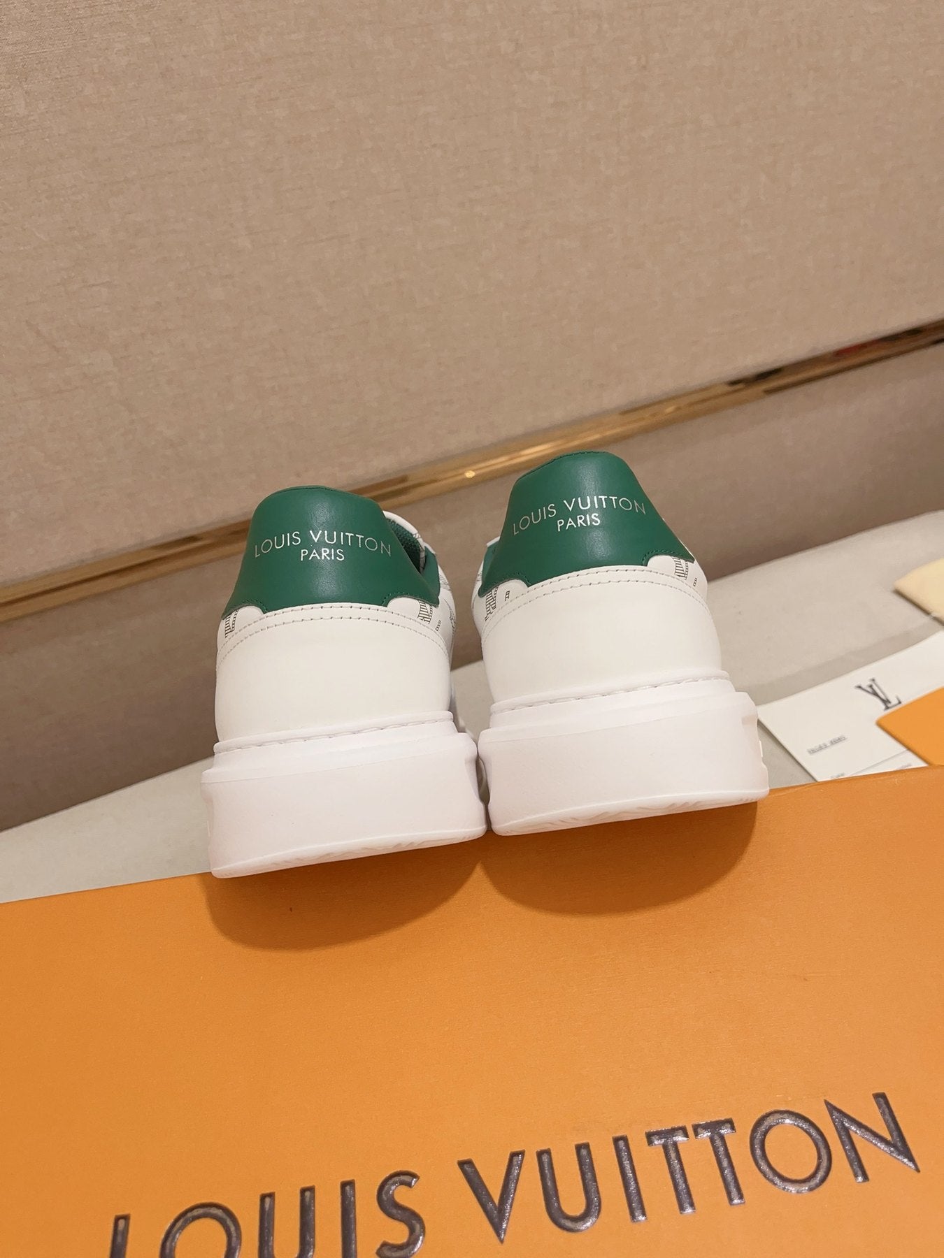 Louis Vuitton white monogram green heel low-top sneakers rear heel view