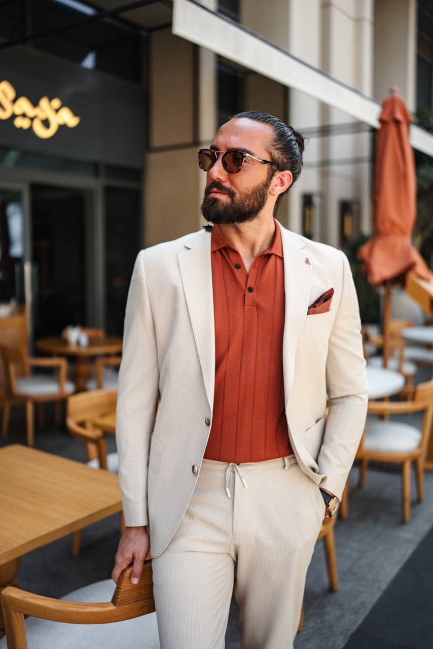 Luxury Beige Pinstripe Men’s Summer Suit - SUITHARBOR