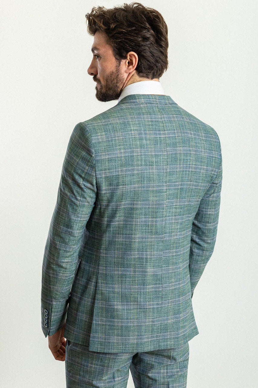 Man wearing an Emerald Plaid 3-Piece Suit with a sharp pointed collar, flap pockets, and a slim fit, perfect for weddings and business engagements.