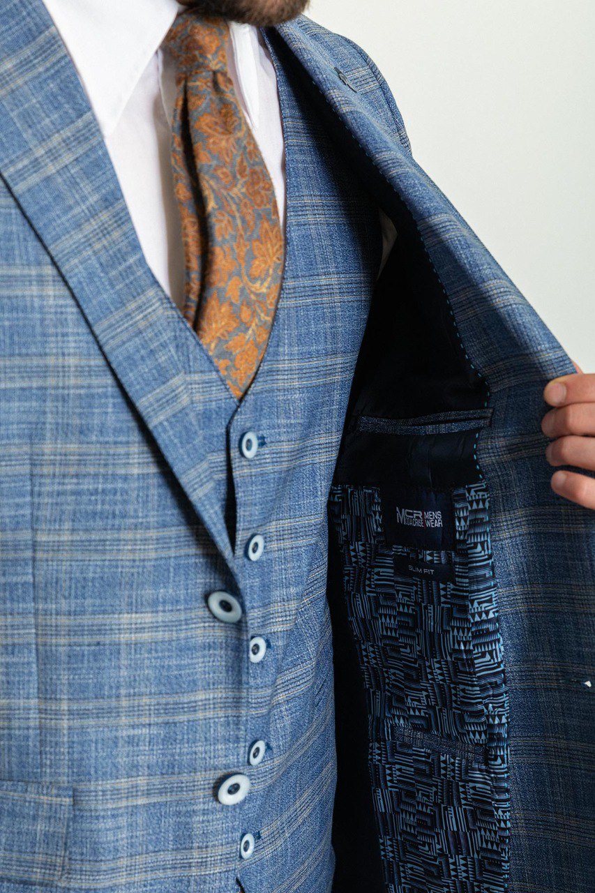 Man wearing an Azure Plaid 3-Piece Suit with a notched collar, flap pockets, and a slim fit, perfect for weddings and business meetings.