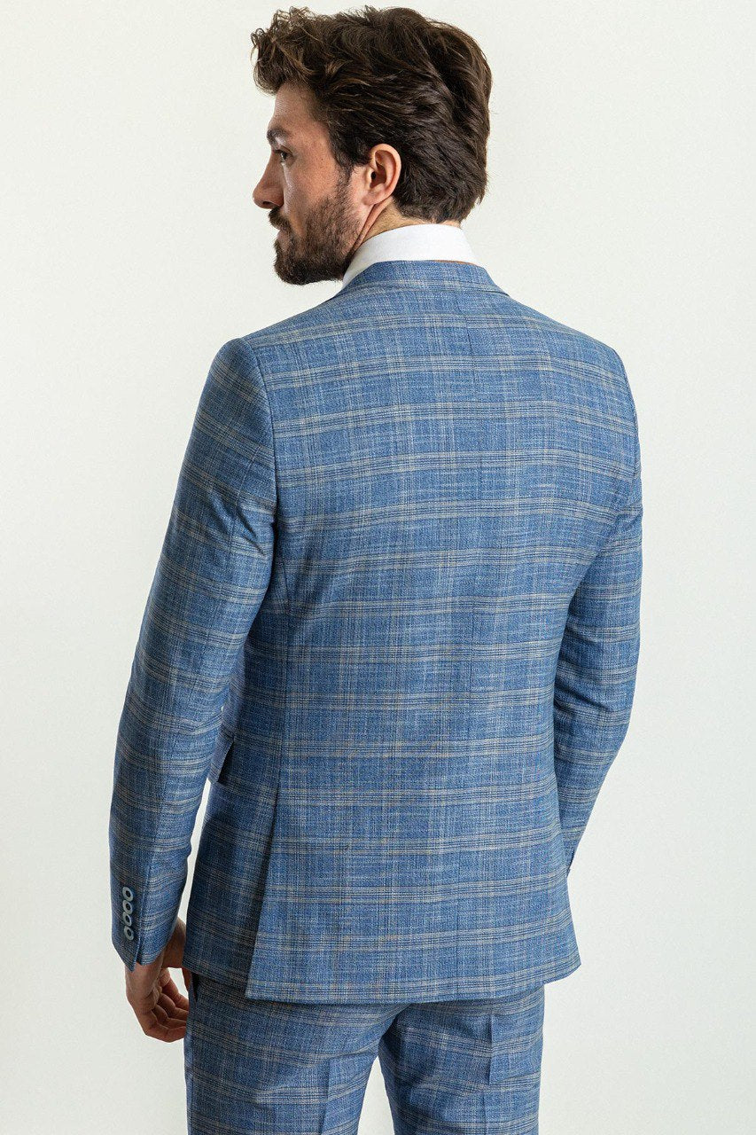 Man wearing an Azure Plaid 3-Piece Suit with a notched collar, flap pockets, and a slim fit, perfect for weddings and business meetings.