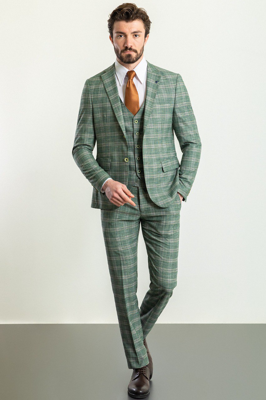 Man wearing an Emerald Check 3-Piece Suit with a notched collar, flap pockets, and slim fit, perfect for weddings and formal occasions.