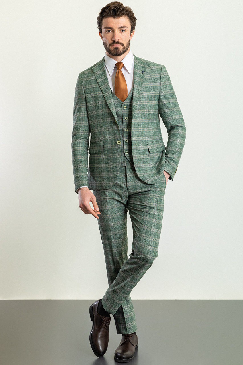 Man wearing an Emerald Check 3-Piece Suit with a notched collar, flap pockets, and slim fit, perfect for weddings and formal occasions.