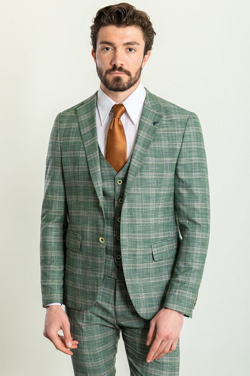 Man wearing an Emerald Check 3-Piece Suit with a notched collar, flap pockets, and slim fit, perfect for weddings and formal occasions.