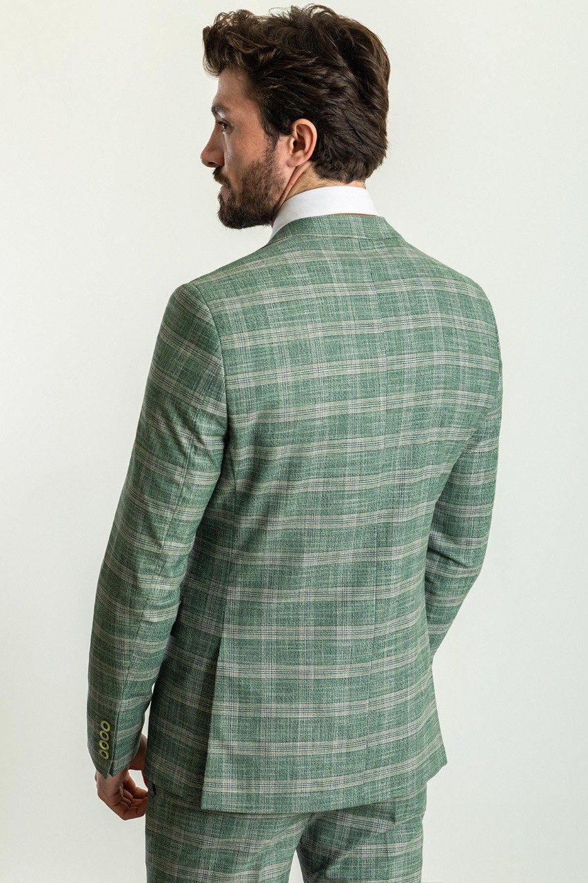 Man wearing an Emerald Check 3-Piece Suit with a notched collar, flap pockets, and slim fit, perfect for weddings and formal occasions.