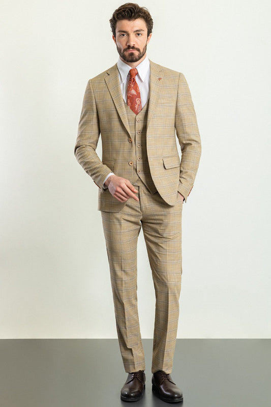 Man wearing a Sandstone Check 3-Piece Suit with a notched collar, flap pockets, and slim fit, perfect for weddings and formal events.