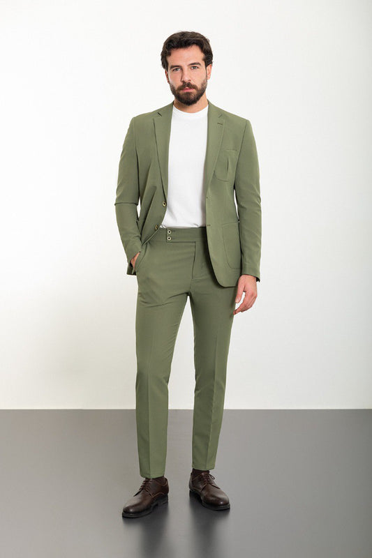 Man wearing the Urban Adventurer Khaki Suit, a slim fit khaki suit with extra pockets, ideal for casual and semi-formal occasions.