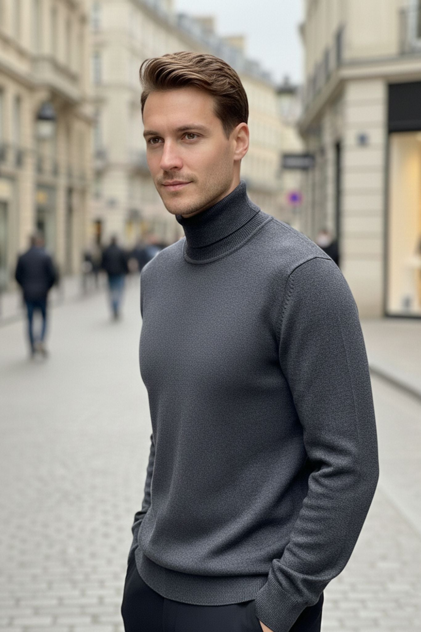 Men's Anthracite Cotton Blend Turtleneck Sweater - SUITHARBOR