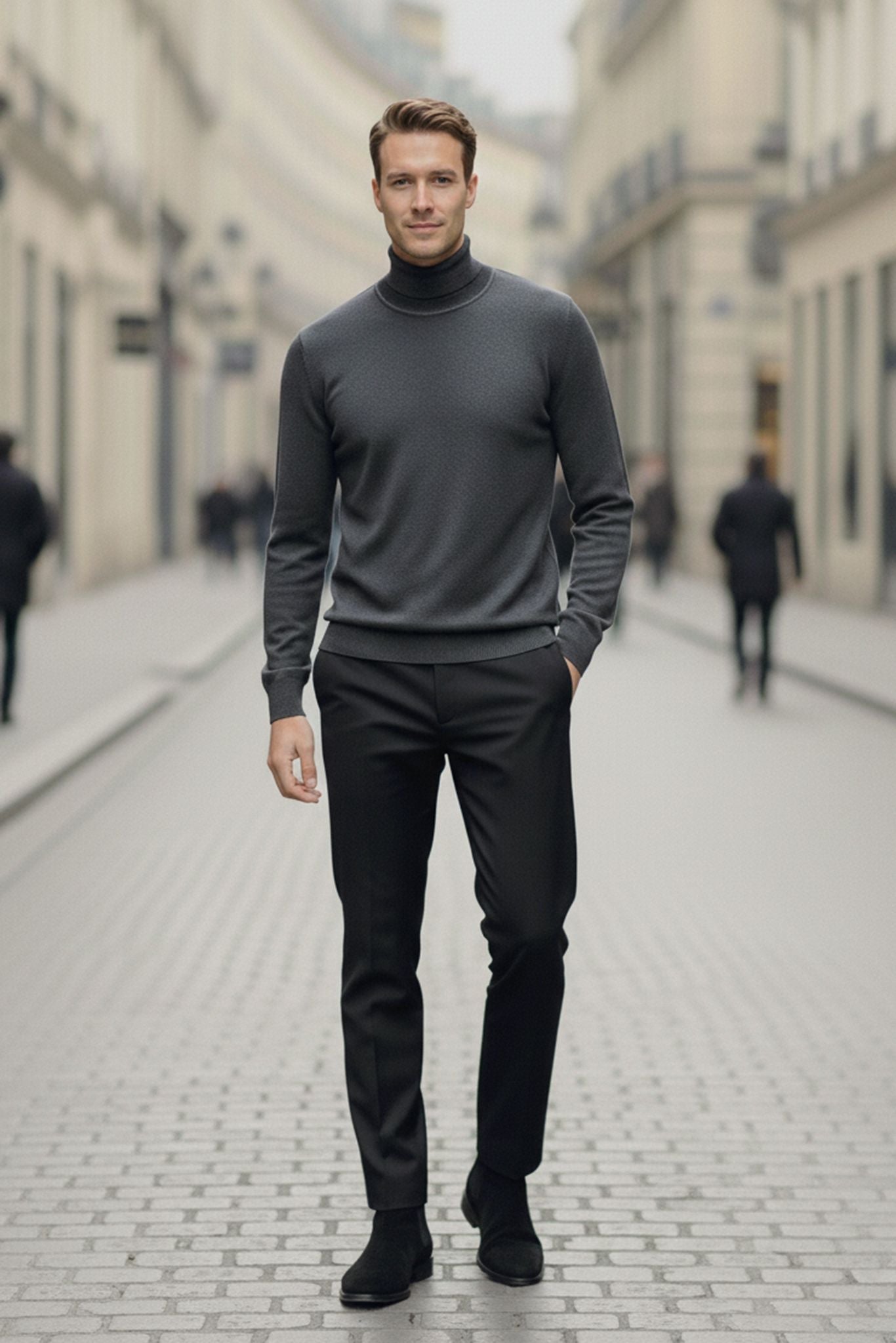 Men's Anthracite Cotton Blend Turtleneck Sweater - SUITHARBOR