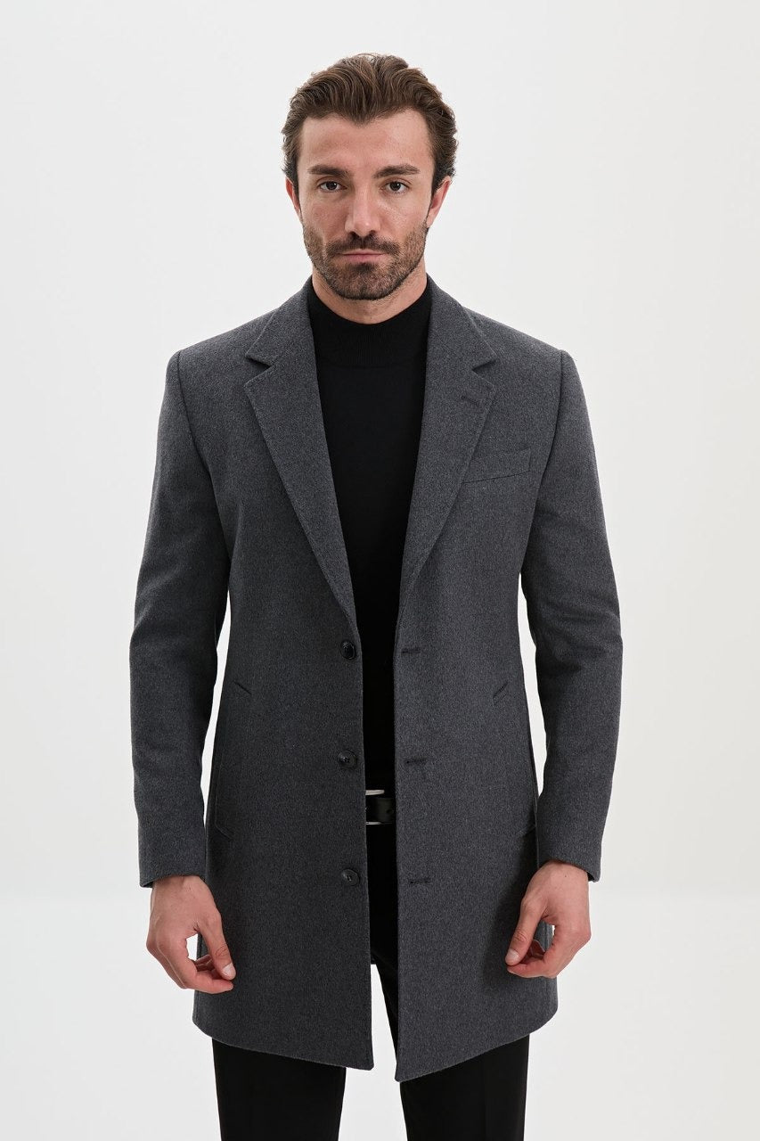 Men’s antrechie wool-blend overcoat with notch lapels, front fastened view