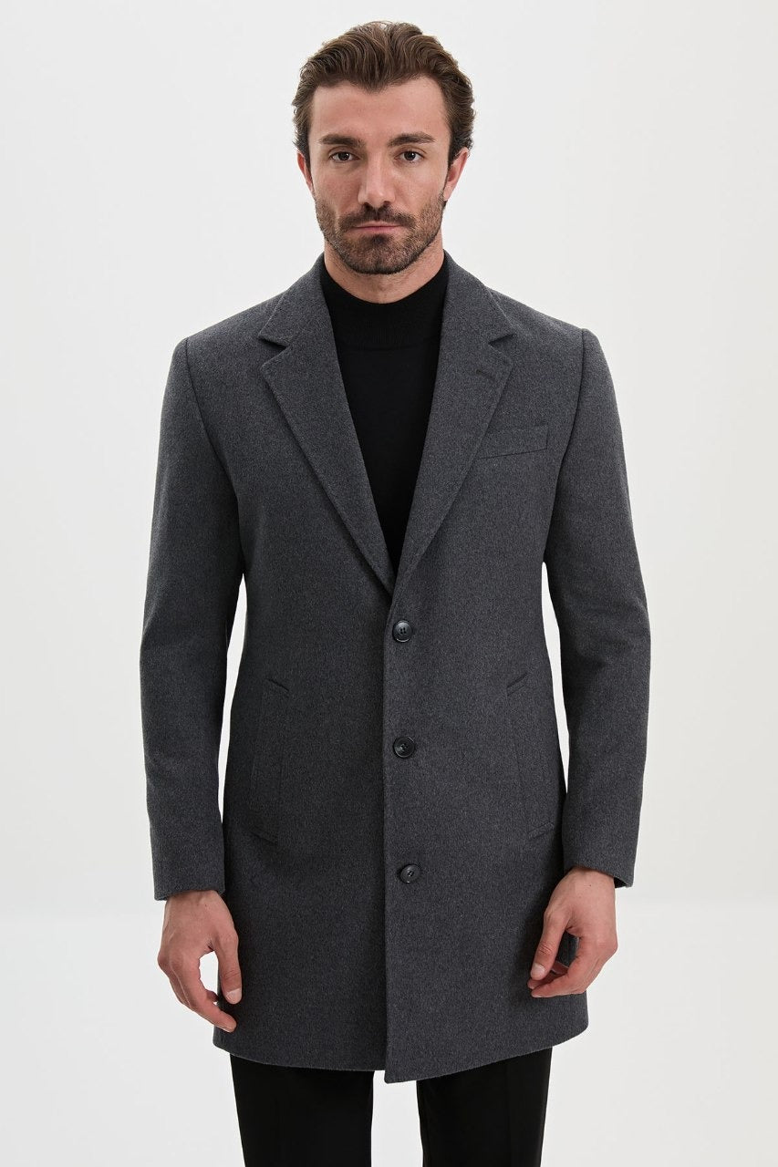 Men’s antrechie wool-blend overcoat with notch lapels, front open view