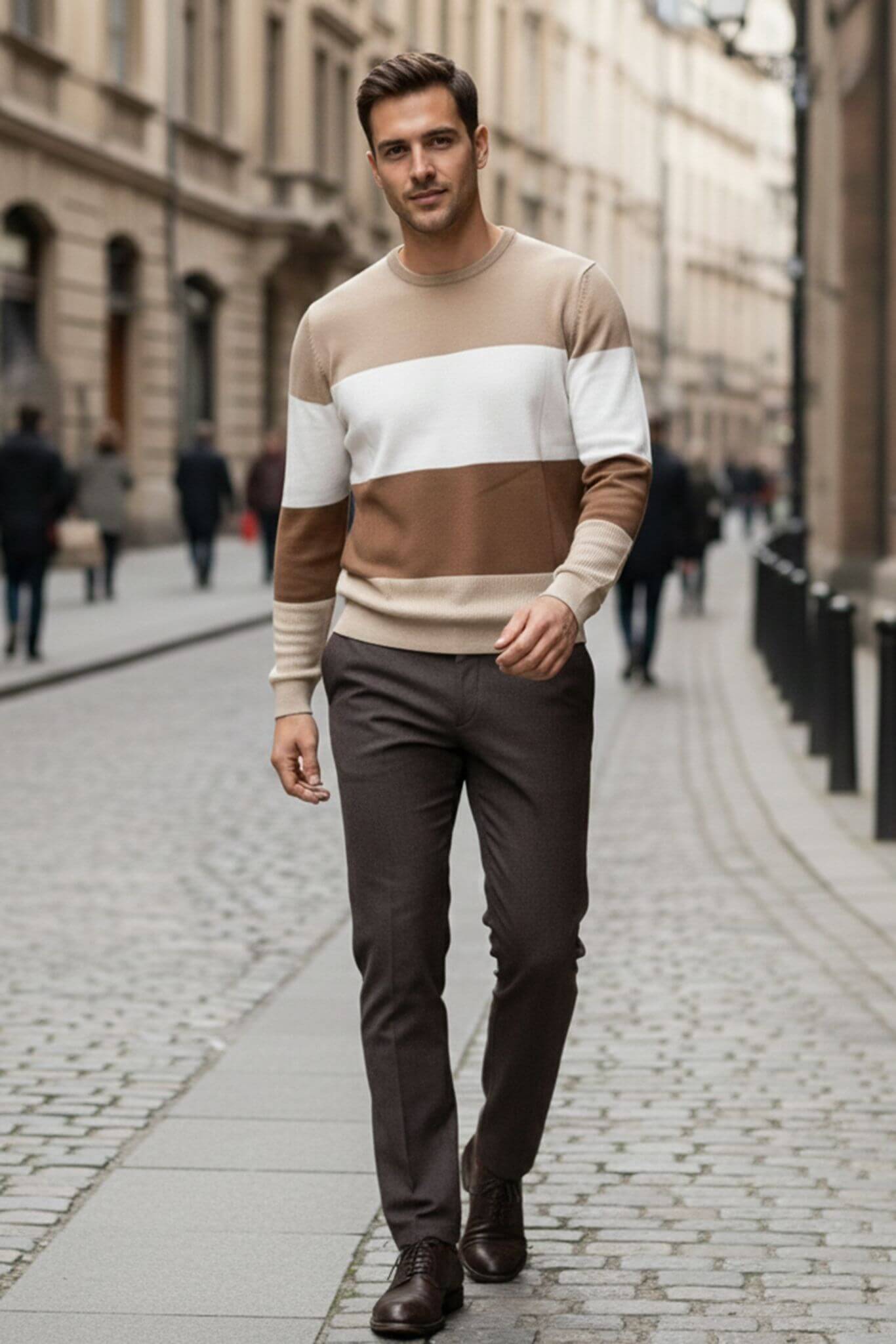 Men's Beige & Brown Color Block Sweater | Crew Neck Slim Fit - SUITHARBOR
