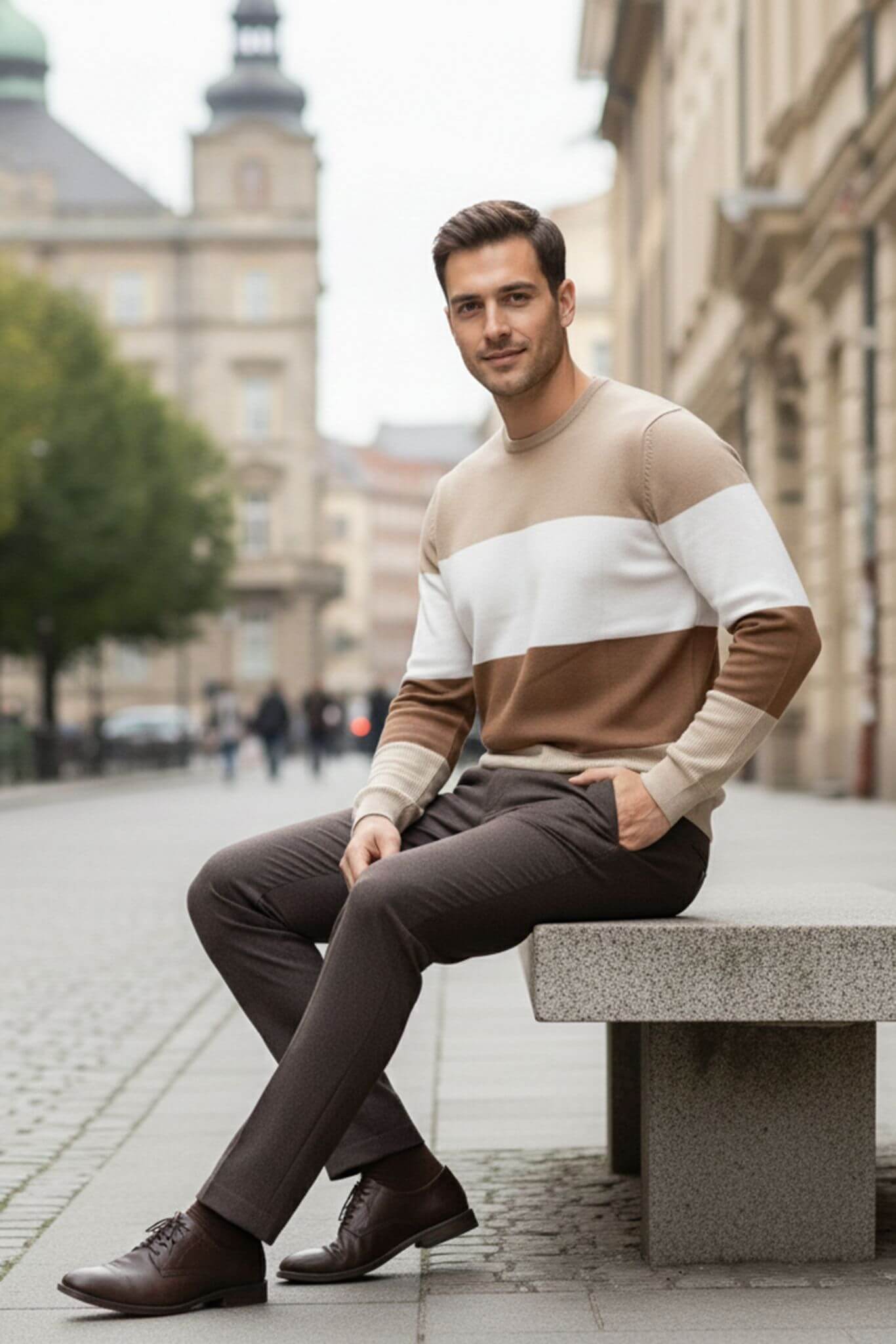 Men's Beige & Brown Color Block Sweater | Crew Neck Slim Fit - SUITHARBOR