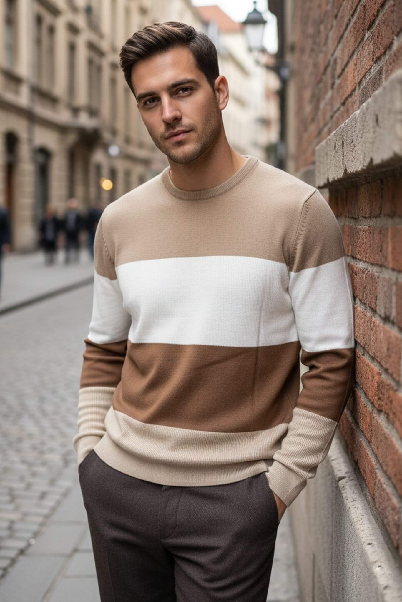 Men's Beige & Brown Color Block Sweater | Crew Neck Slim Fit - SUITHARBOR