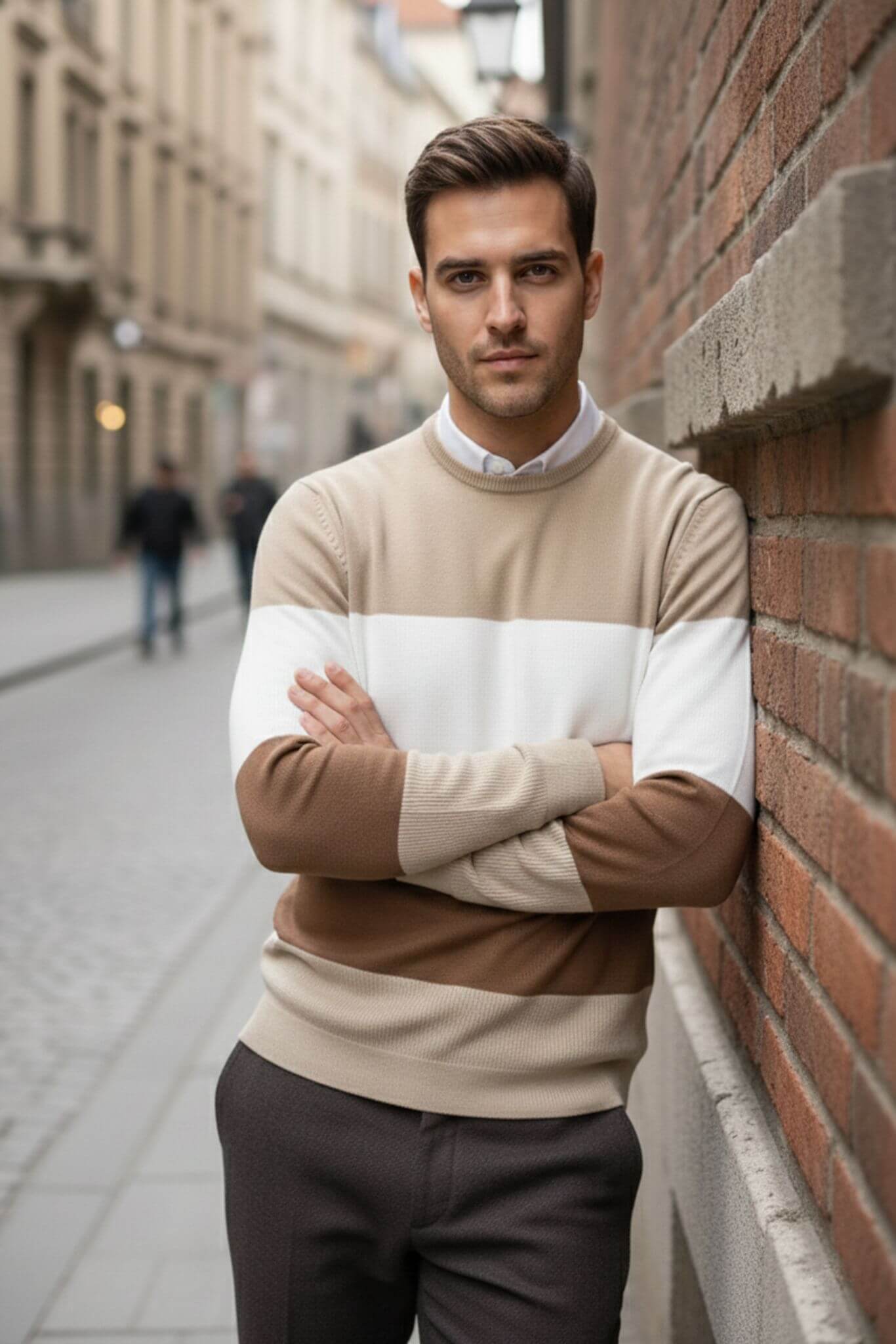 Men's Beige & Brown Color Block Sweater | Crew Neck Slim Fit - SUITHARBOR