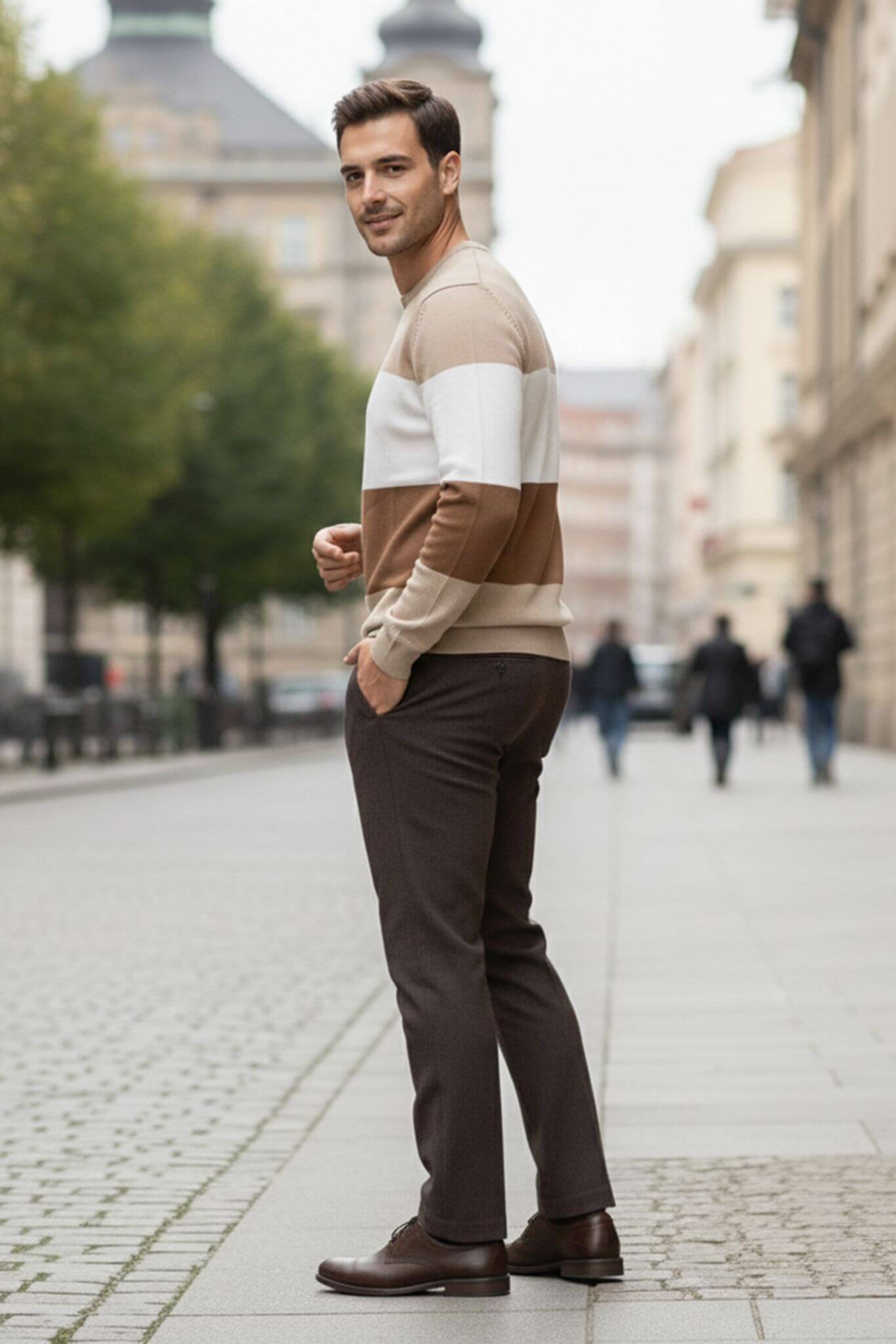 Men's Beige & Brown Color Block Sweater | Crew Neck Slim Fit - SUITHARBOR