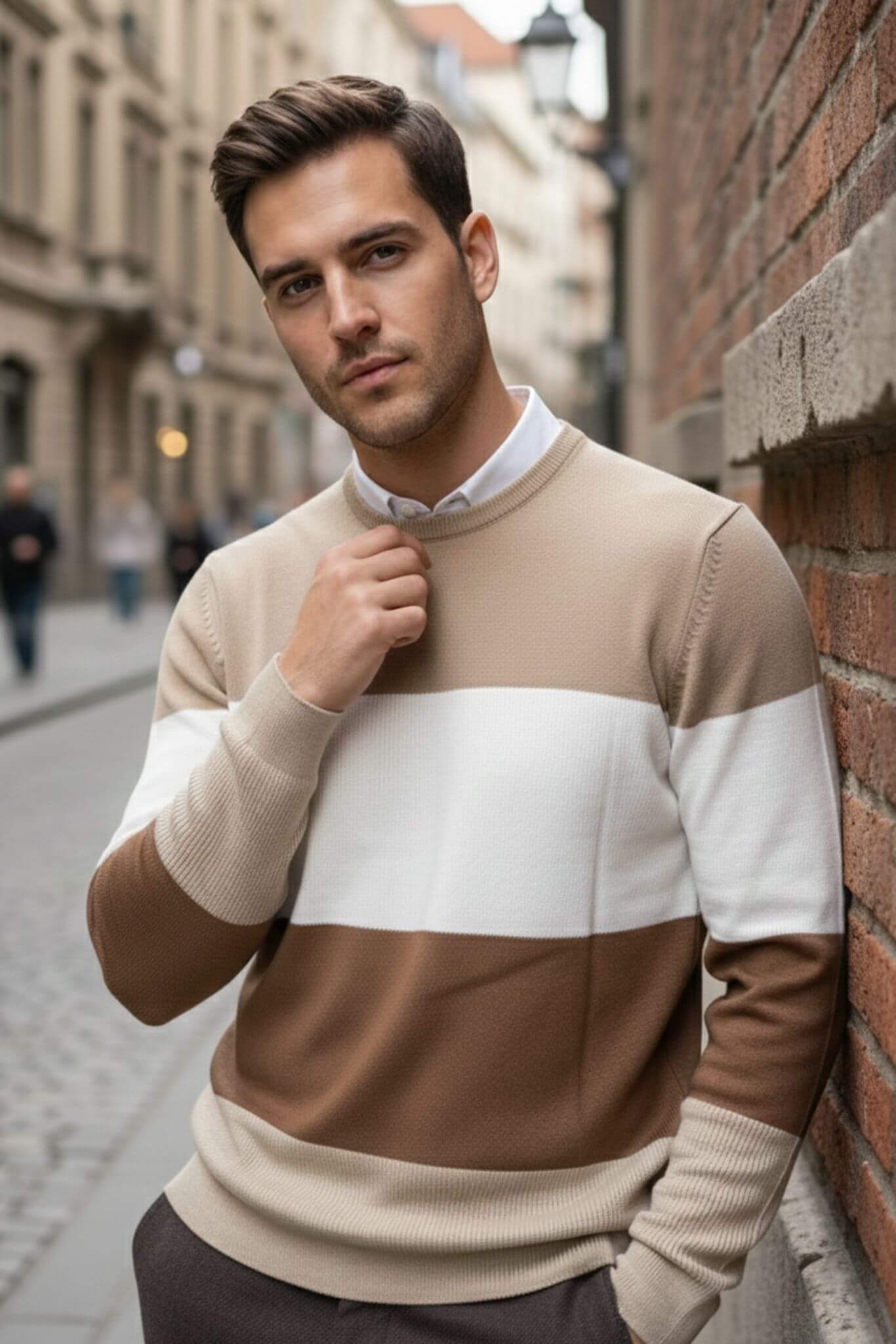 Men's Beige & Brown Color Block Sweater | Crew Neck Slim Fit - SUITHARBOR