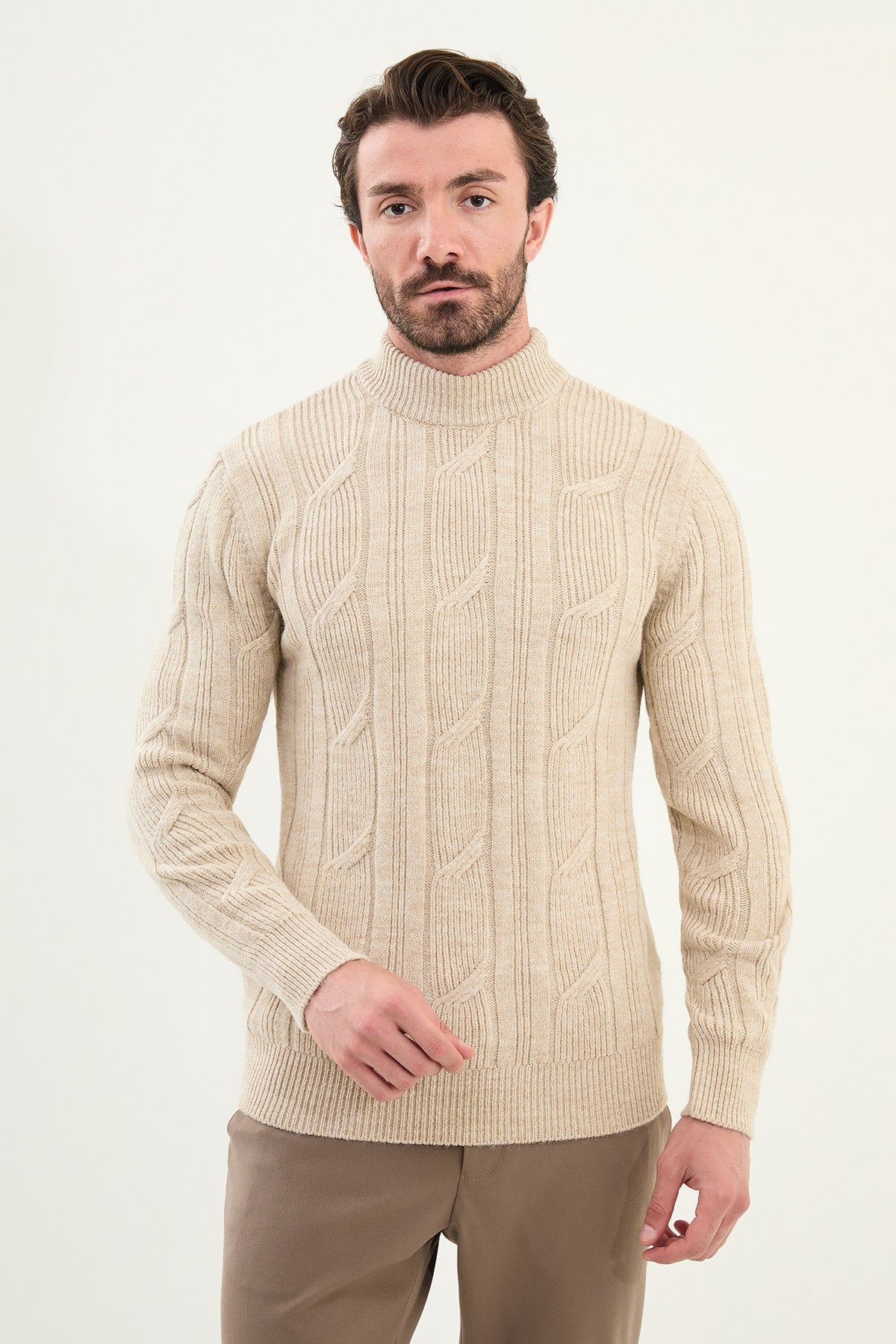 Men’s Beige Cable Knit Slim Fit Sweater - SUITHARBOR