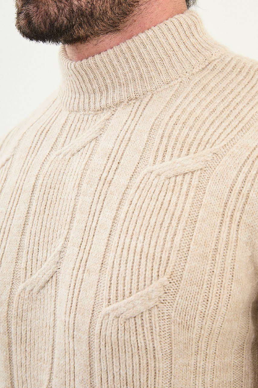 Men’s Beige Cable Knit Slim Fit Sweater - SUITHARBOR