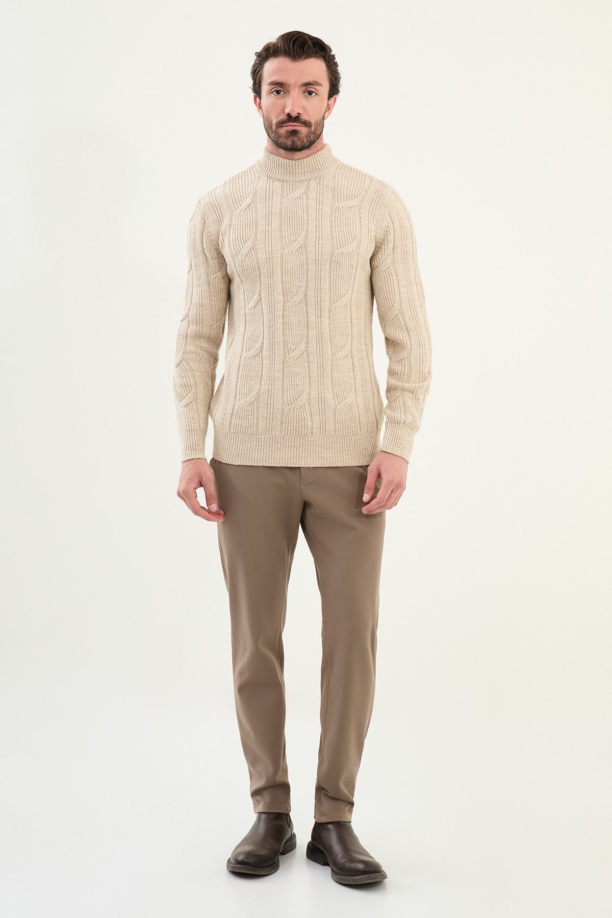 Men’s Beige Cable Knit Slim Fit Sweater - SUITHARBOR