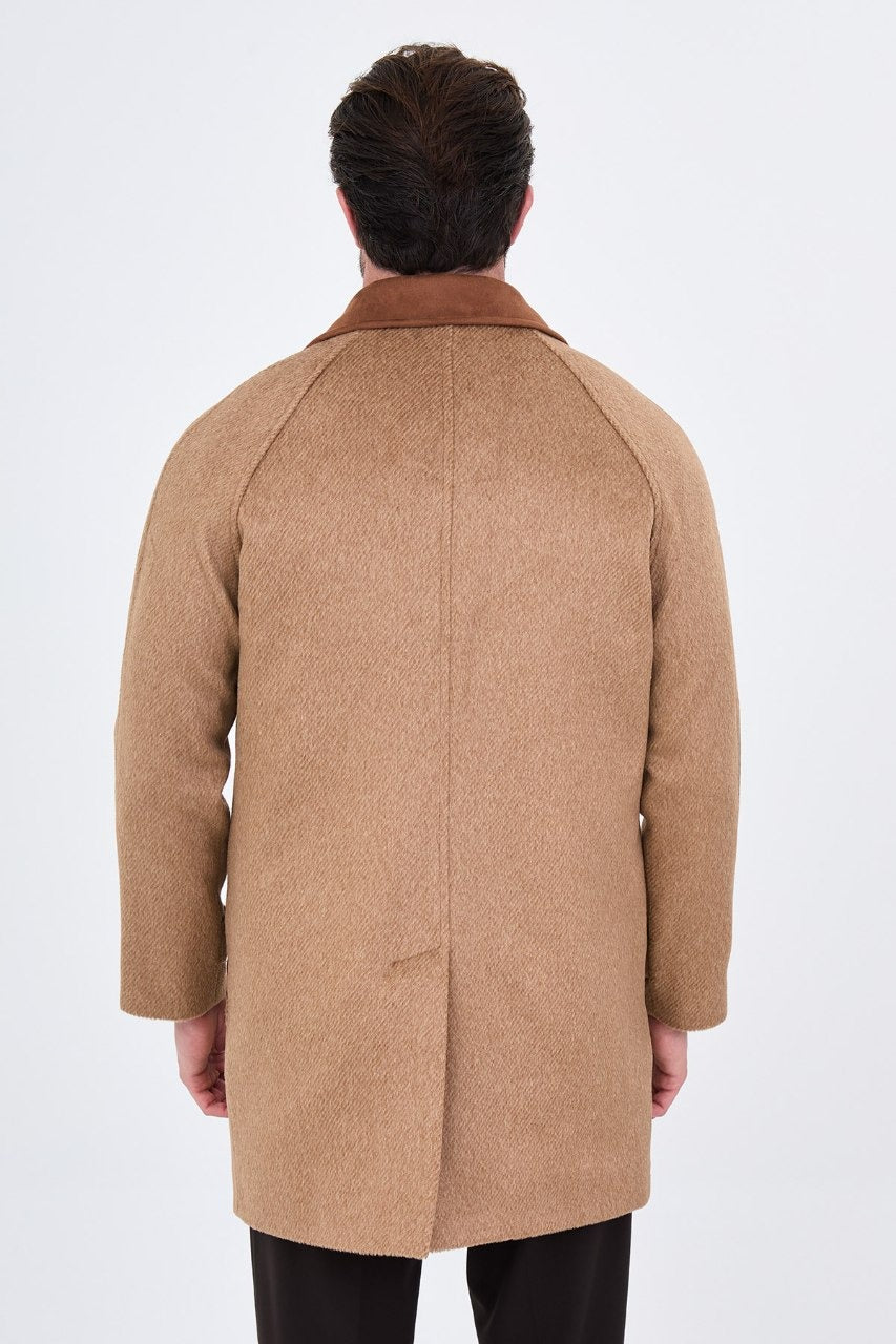 Men’s beige wool-blend overcoat with a contrast collar, back view