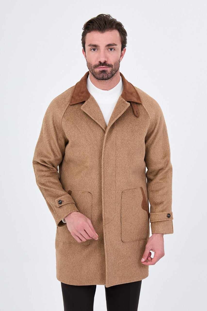Men’s beige wool-blend overcoat with a contrast collar, front fastened view
