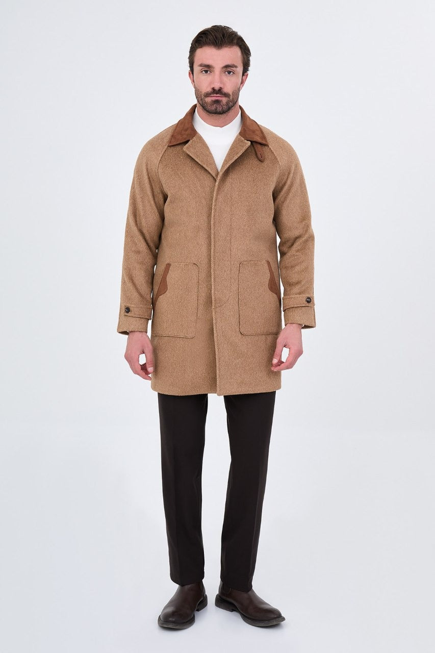 Men’s beige wool-blend overcoat with a contrast collar, front full view