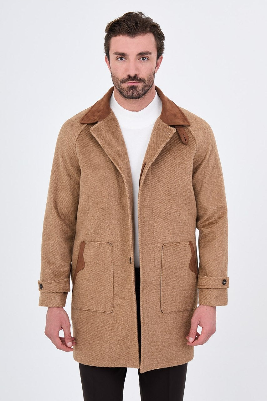 Men’s beige wool-blend overcoat with a contrast collar, front open view
