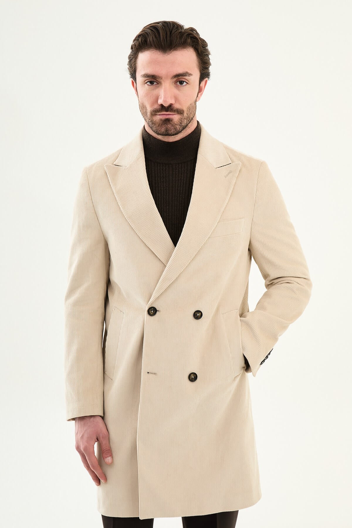 Men’s Beige Corduroy Double Breasted Overcoat - SUITHARBOR