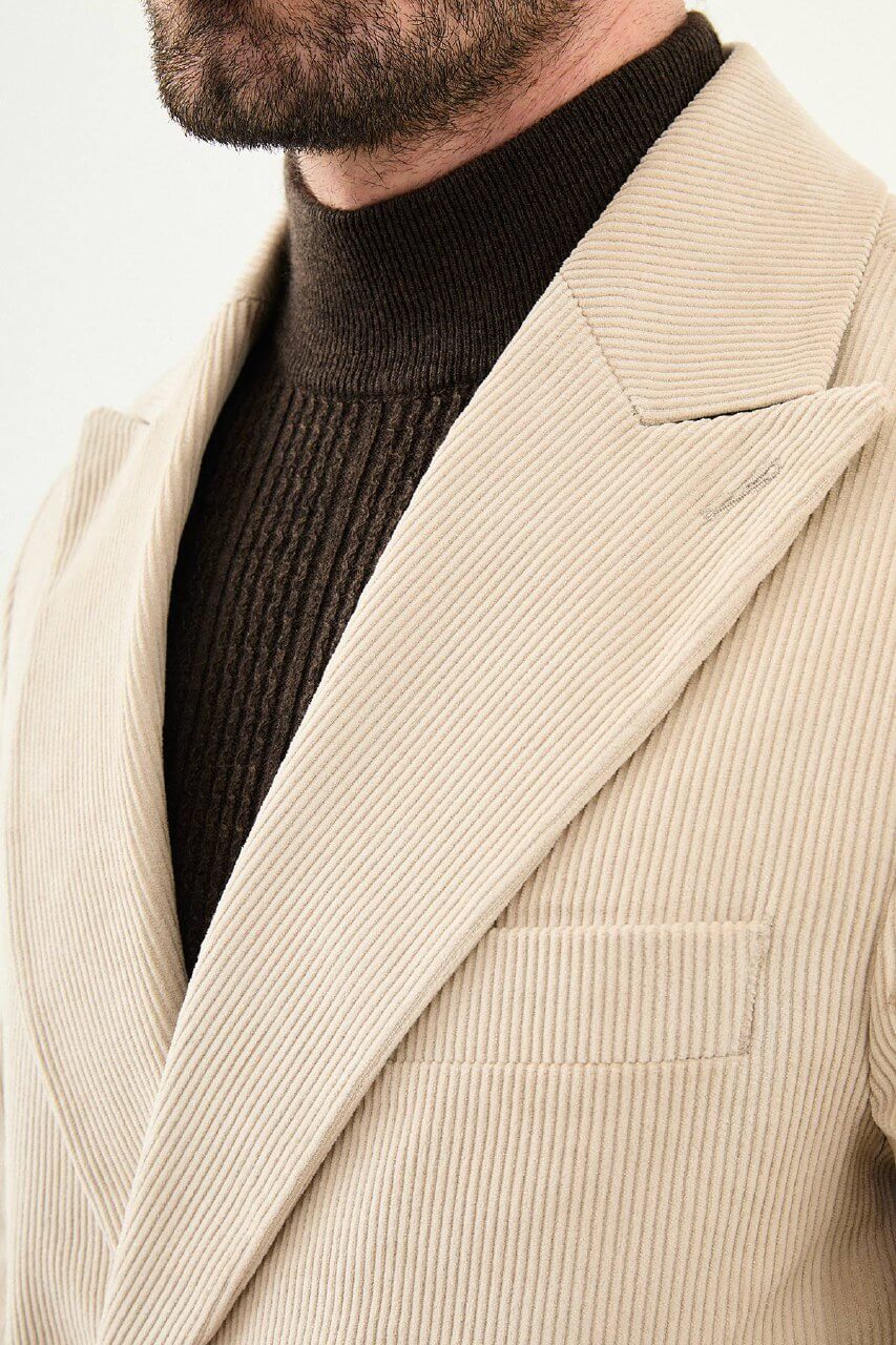 Men’s Beige Corduroy Double Breasted Overcoat - SUITHARBOR