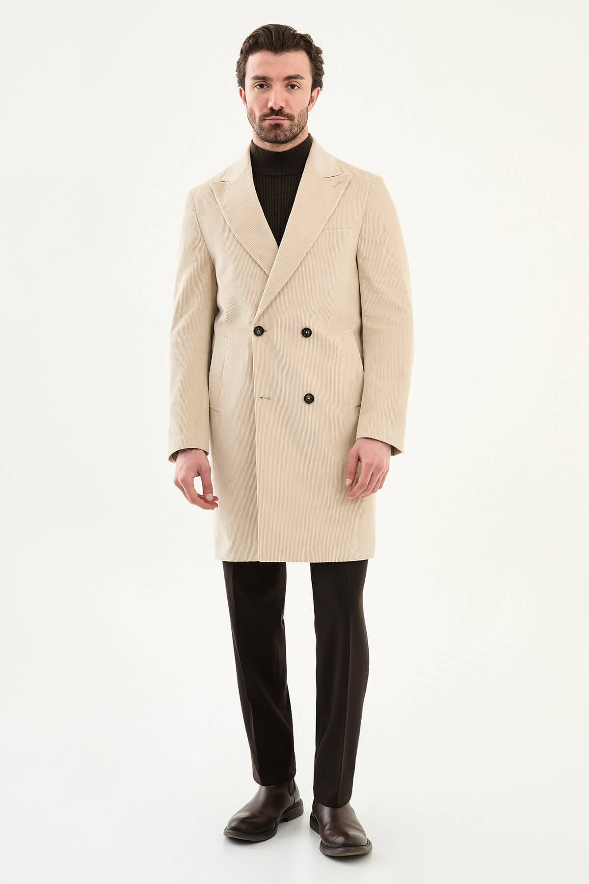Men’s Beige Corduroy Double Breasted Overcoat - SUITHARBOR