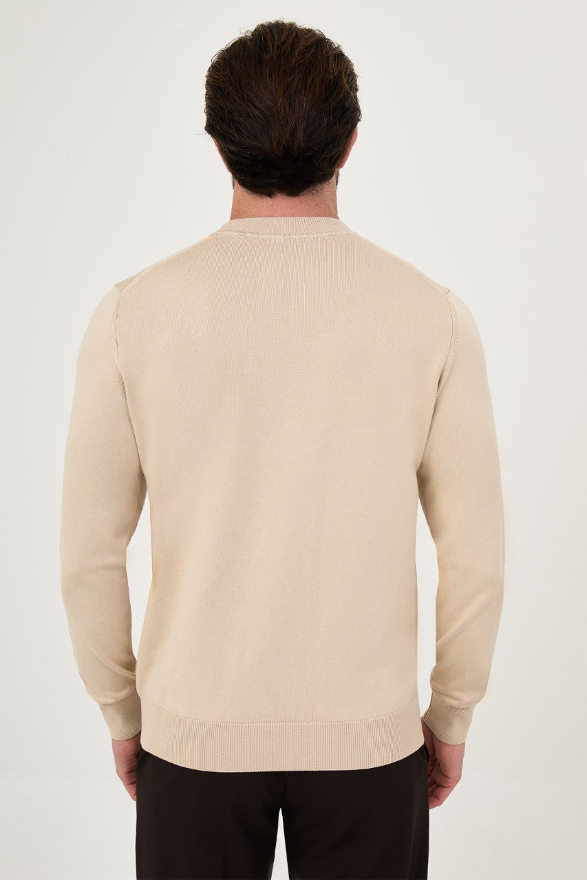 Back view of the men's beige crew neck sweater