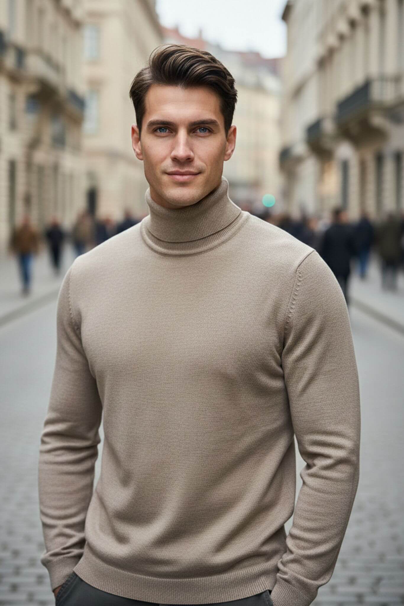 Men's Beige Cotton Blend Turtleneck Sweater - SUITHARBOR