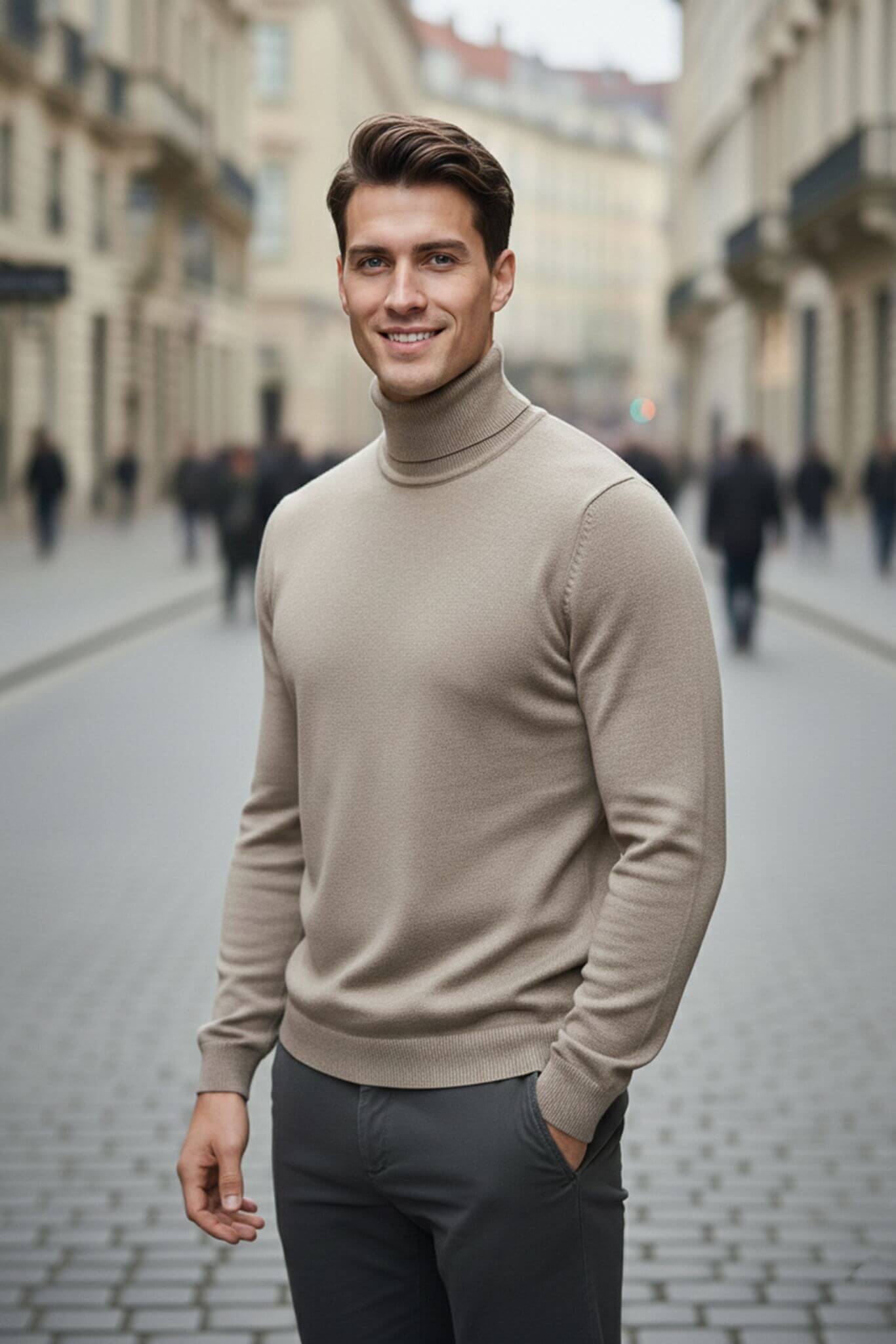 Men's Beige Cotton Blend Turtleneck Sweater - SUITHARBOR