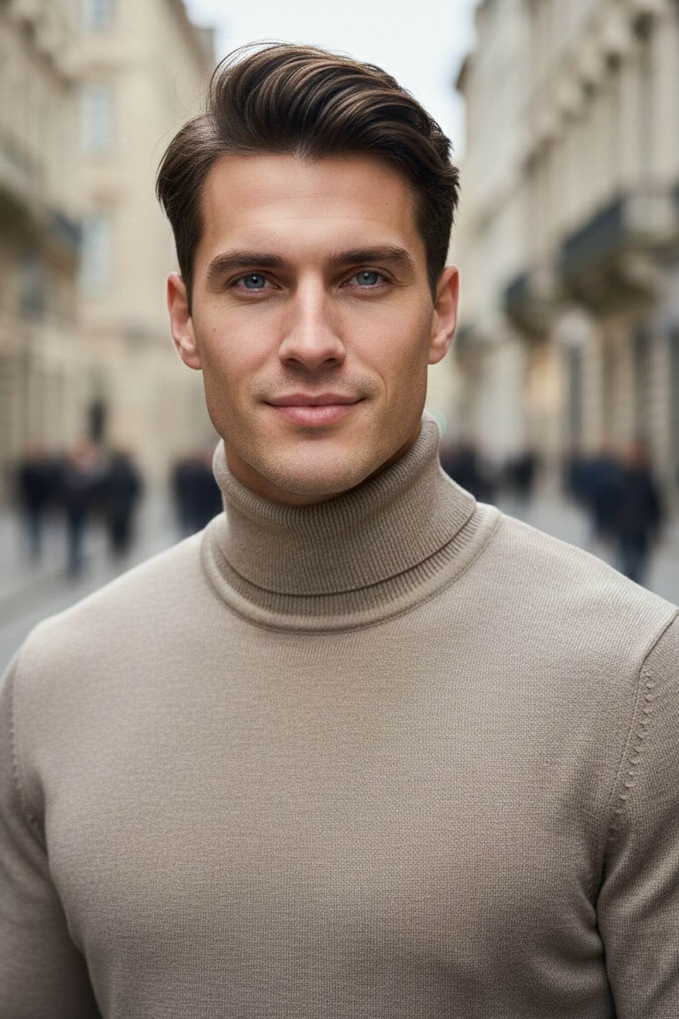 Men's Beige Cotton Blend Turtleneck Sweater - SUITHARBOR