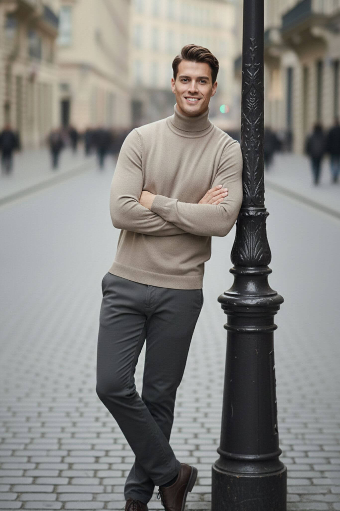 Men's Beige Cotton Blend Turtleneck Sweater - SUITHARBOR