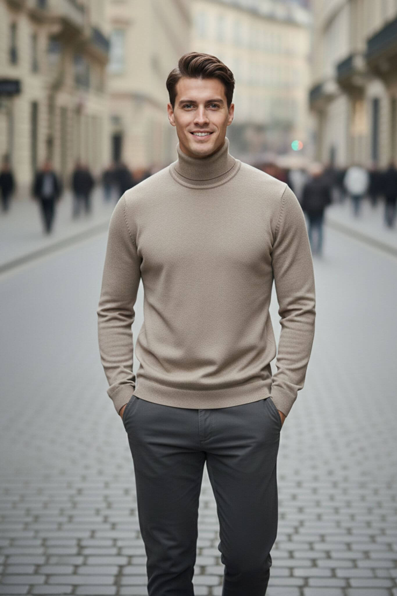 Men's Beige Cotton Blend Turtleneck Sweater - SUITHARBOR