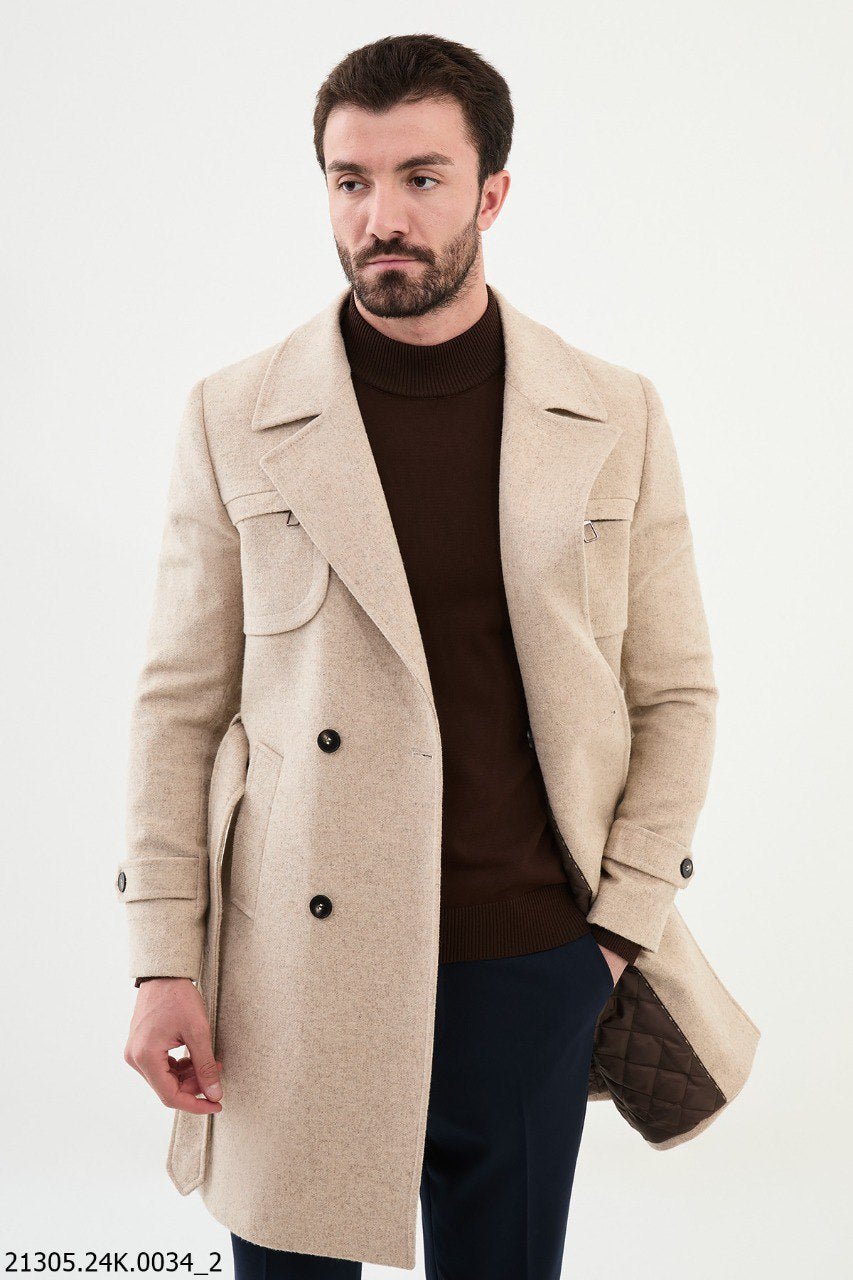 Men's Beige Double - Breasted Trench Coat - SUITHARBOR