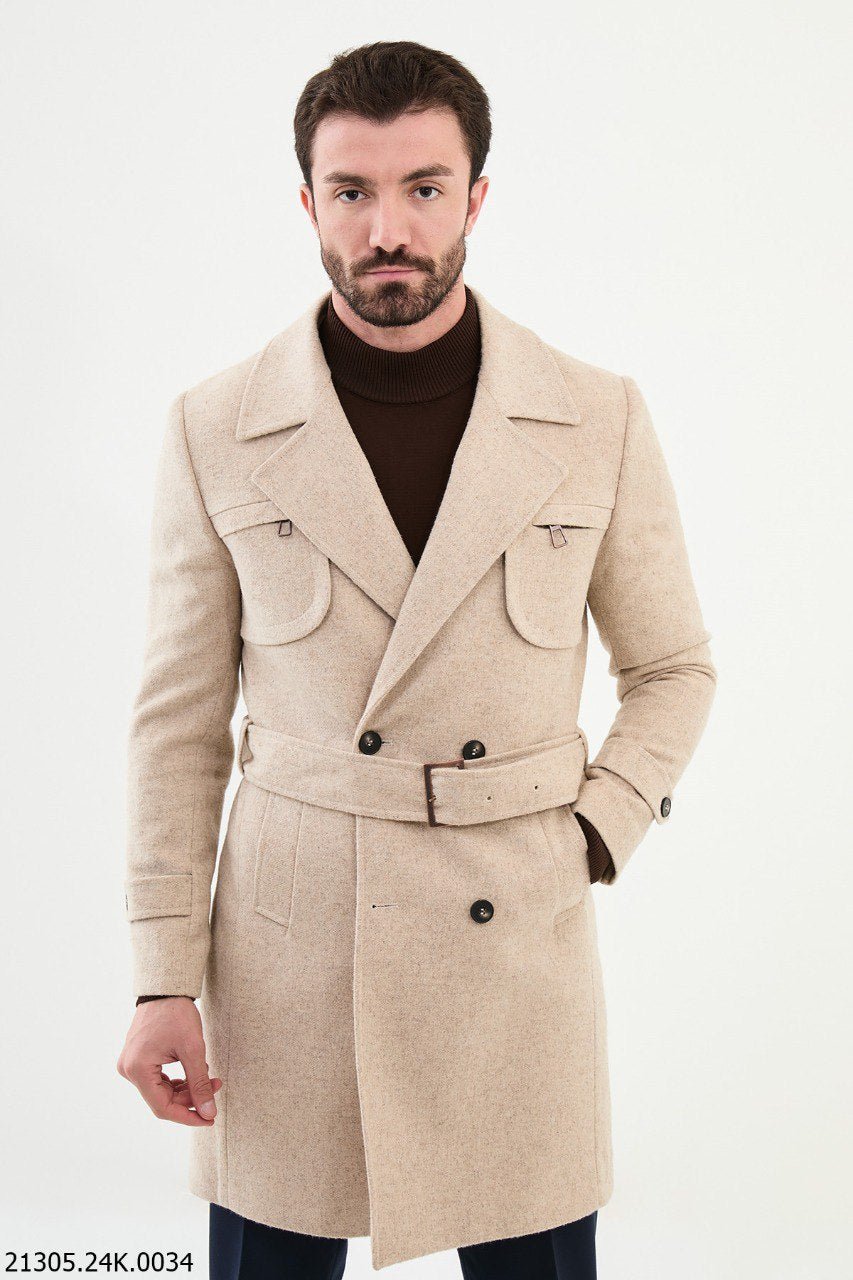 Men's Beige Double - Breasted Trench Coat - SUITHARBOR